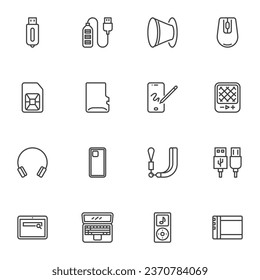 Smartphone accessories line icons set, outline vector symbol collection, linear style pictogram pack. Signs, logo illustration. Set includes icons as cell phone case, telephone sim card, laptop, usb