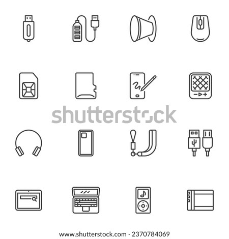Smartphone accessories line icons set, outline vector symbol collection, linear style pictogram pack. Signs, logo illustration. Set includes icons as cell phone case, telephone sim card, laptop, usb