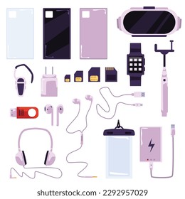 Smartphone accessories set, cartoon flat vector illustration isolated on white background. Phone case, powerbank and charging cables, flash drive, selfie stick and VR glasses.