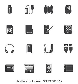 Smartphone accessories vector icons set, modern solid symbol collection, filled style pictogram pack. Signs, logo illustration. Set includes icons as cell phone case, telephone sim card, laptop, usb