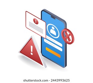 Smartphone account error warning window, flat isometric 3d illustration