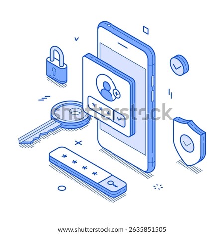 Smartphone account privacy protection user authentication app minimalist isometric vector illustration. Mobile phone application security information safety data identification password access
