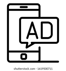 Smartphone ad icon. Outline smartphone ad vector icon for web design isolated on white background