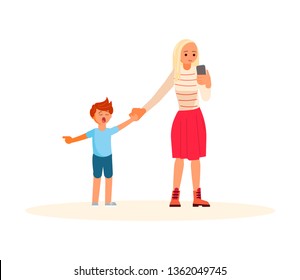 Smartphone addicted parent with device. Son demands attention from Mother. Flat Art Vector illustration