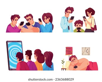 Smartphone addiction 2x2 flat set of compositions with people looking in their phones isolated vector illustration