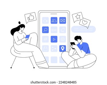 Smartphone addiction abstract concept vector illustration. Digital disorder, mobile device addiction, constant phone checking, sleep disorder, mental health, low self-esteem abstract metaphor.