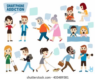 smartphone addiction.
bad lifestyle concept.
infographic element.
flat cute cartoon design illustration.
isolated on white background.