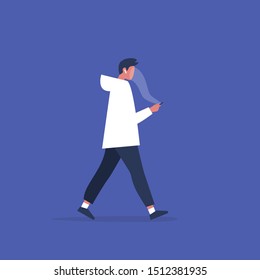Smartphone addiction. Cloud. Young male user staring at the smartphone screen. Concept. Social media. Millennial issues. Flat editable vector illustration, clip art