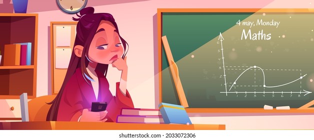 Concepto de adicción al Smartphone, joven profesor aburrido con teléfono celular en la mano sentado en la mesa cerca de la pizarra con clase de matemáticas charlando en la red en lugar de enseñar, ilustración de Cartoon Vector