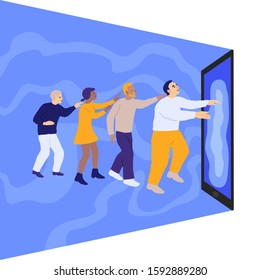 Smartphone addiction concept. Group of men and women like zombie and big mobile phone. Isolated flat hand drawn vector illustration, cartoon characters. 