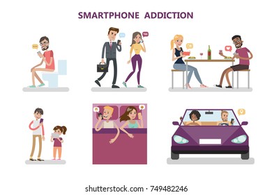 Smartphone addiction concept illustration. People eat, sleep and drive with phone.