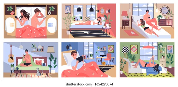 Smartphone addiction concept illustration. Young couple spend time together surfing the internet. Woman and man with phone addiction at home and outside. Set of vector illustration in cartoon style