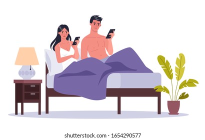 Smartphone addiction concept illustration. Young couple lying in a bed together surfing the internet. Woman and man with phone addiction at home. Vector illustration in cartoon style