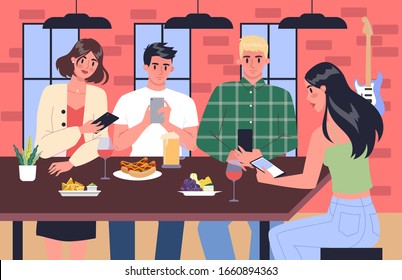 Smartphone addiction concept illustration. Young people spend time together surfing the internet. Friends with phone addiction at in cafe. Vector illustration in cartoon style