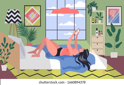 Smartphone addiction concept illustration. Young woman spend time surfing the internet lying in the bed. Woman with phone addiction at home. Vector illustration in cartoon style