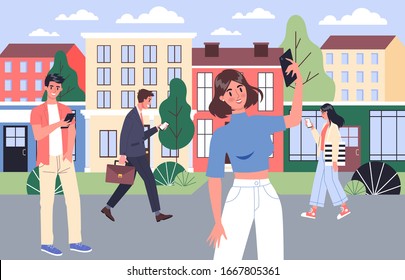 Smartphone addiction concept illustration. Young people on the street surfing the internet. Woman and man with phone addiction. Modern socia problem. Isolated vector illustration