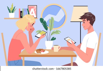 Smartphone addiction concept illustration. Young couple spend time together surfing the internet. Woman and man with phone addiction at home. Vector illustration in cartoon style