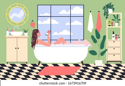 Smartphone addiction concept illustration. Young woman spend time surfing the internet lying in the bathtub. Girl taking bath in the bathtub with mobile phone in the hand. Vector illustration