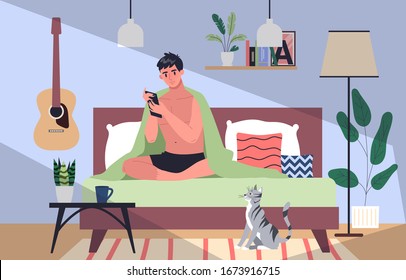 Ilustración conceptual de adicción al teléfono inteligente. Un joven pasa tiempo navegando por Internet en la cama. Hombre con adicción al teléfono en casa. Ilustración vectorial en estilo de caricatura