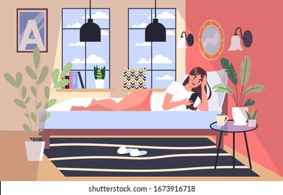 Smartphone addiction concept illustration. Young woman spend time surfing the internet lying in the bed. Woman with phone addiction at home. Vector illustration in cartoon style