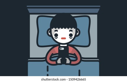 Smartphone Addiction Concept / Man Using Smartphone while on the Bed in Dark - Vector Illustration