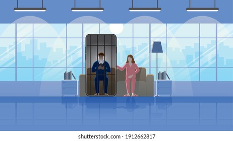 Smartphone addiction concept. One of couple addict social network using application in mobile phone like a prisoner in jail while stay together but separate. Relationship problem by technology crisis.