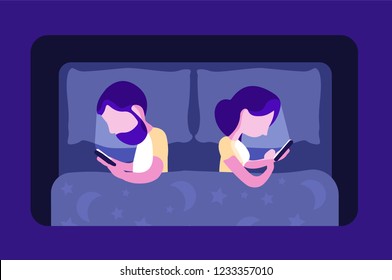 Smartphone addiction concept, vector illustration, a married couple lying in bed at night addicted by their mobile devices