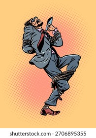 Adicción y control de smartphones. Control de la humanidad por la tecnología. Hombre atado con cuerdas al teléfono. Pop Arte Retro Ilustración vectorial Kitsch Antiguas 50s 60s Estilo