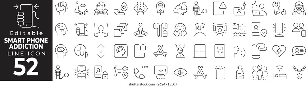 Smartphone Addiction Thin Line Icon Set – Tiempo de pantalla, uso excesivo, comportamiento