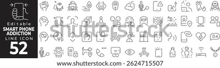 Smartphone Addiction and Digital Dependency Line Icon Set; Symbols for Doom scrolling, Dopamine Loops, and Compulsive Screen Time.