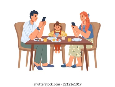 La adicción al Smartphone en familia, niños aislados y padres jugando por teléfono, leyendo noticias en chats. La realidad virtual prevalece. Vector de dibujos animados planos