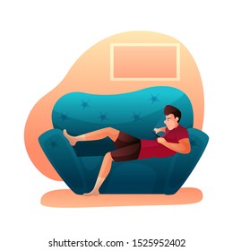 Smartphone addiction flat vector illustration. Man lying in sofa and chatting online, playing game cartoon character. Home rest isolated on white background. Free time spending design element