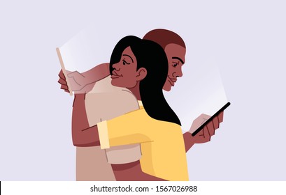 Smartphone addiction flat vector illustration. Gadgets dependence. Lack of personal interaction. Couple hugging and scrolling cellphones isolated cartoon characters on blue background