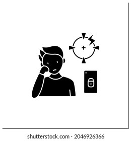 Smartphone addiction glyph icon. Diminishing ability to concentrate. Inability to focus. Unconcentrated. Overwhelmed concept.Filled flat sign. Isolated silhouette vector illustration