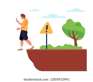 Smartphone addiction, guy looks at his phone and doesnt see that hes stepping into abyss. Teen boy exchange messages and going. Addict people. Cartoon flat style isolated