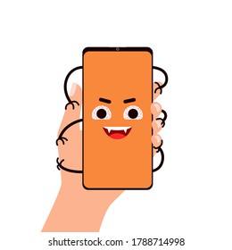 Smartphone addiction. Hand holds phone, which is grabbed hand. Bad lifestyle concept. Get stuck in the phone. Vector flat illustration