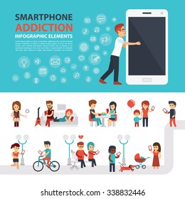 Smartphone addiction infographic elements with icon set, people with phones. Man hugs phone. Flat vector design. Banner, elements to use for web. Man and woman with smartphone.