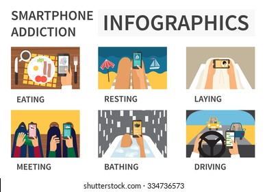 Infografía sobre adicción al teléfono inteligente. Gente usando móviles en la vida diaria. Vector de concepto de diseño plano.