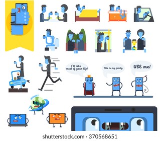 Smartphone Addiction Infographics . Flat Vector Illustration Set