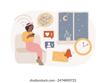 Smartphone addiction isolated concept vector illustration. Digital disorder, mobile device addiction, constant phone checking, sleep disorder, mental health, low self-esteem vector concept.