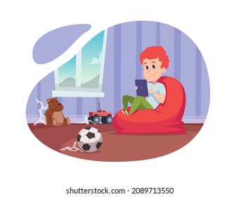 Smartphone addiction. Kids using smart technological laptop and pc touching on screen playing and studying processes exact vector cartoon background