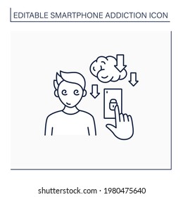 Smartphone Addiction Line Icon. Overuse Of Phone Reduces Productivity.Phone Dependence. Overwhelmed Concept. Isolated Vector Illustration. Editable Stroke