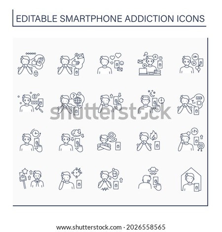 Smartphone addiction line icons set. Virtual world. Online lifestyle. Modern technology. Overwhelmed concept. Isolated vector illustrations. Editable stroke