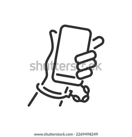 Smartphone addiction, linear icon. The smartphone is handcuffed to the hand. Line with editable stroke