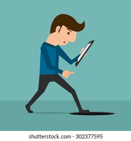 Smartphone addiction . A man looking at smartphone and walking to manhole. Cartoon Vector Illustration.