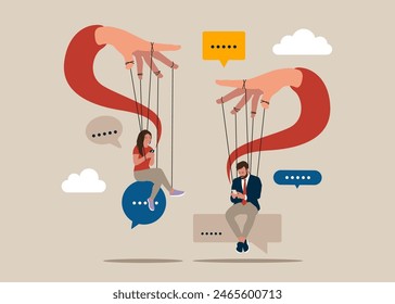 Smartphone addiction. Modern lifestyle. SMM, Internet notification. Social media network ads and internet. Businessman and young woman on text bubble. Flat vector illustration