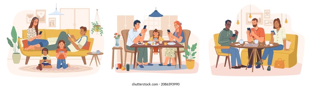 Smartphone addiction of people, isolated characters using gadgets and devices. Vector family at home sitting by table looking at screens, friends gathered in cafe or restaurant avoid talking