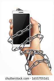 Smartphone addiction realistic design concept with human hand wrapped in  chain and holding gadget vector illustration