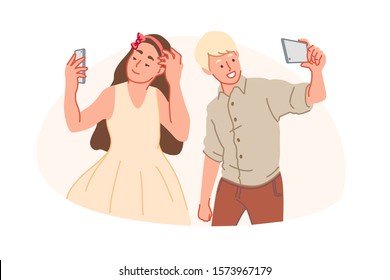 Smartphone addiction, selfie obsession, trendy lifestyle concept. Adolescent girl and boy with smartphones taking pictures, happy teenagers with gadgets, young children problem. Simple flat vector