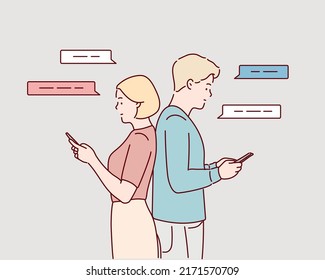 Smartphone Addiction. Serious man and woman standing back to back and using their smart phones. Hand drawn style vector design illustrations.